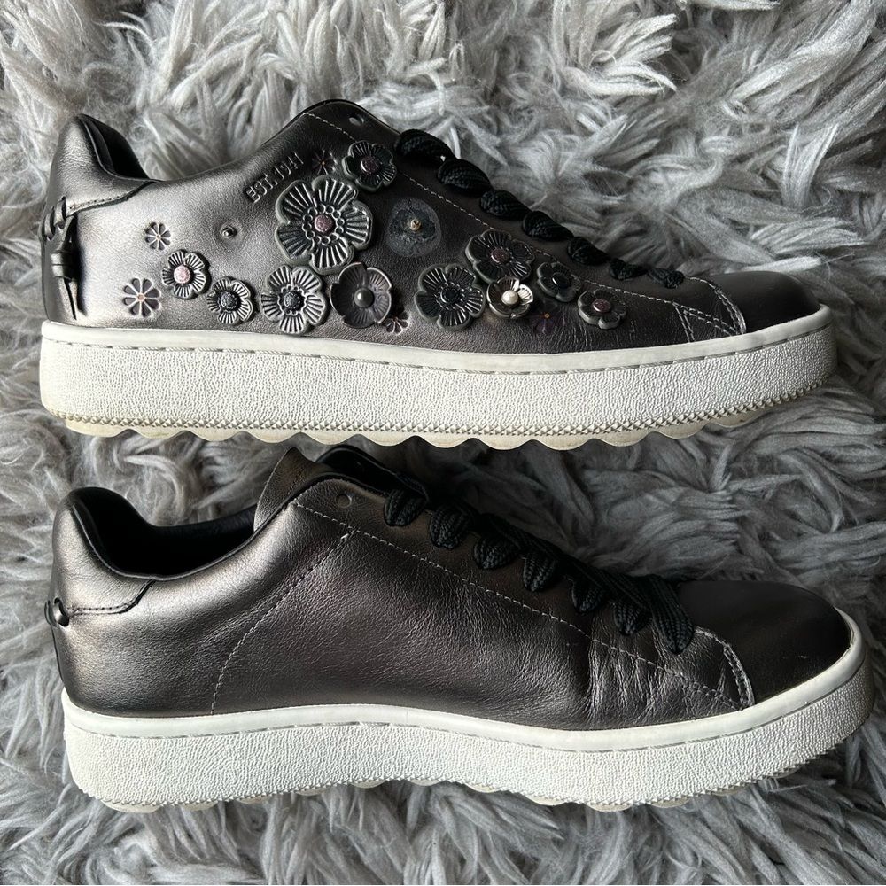 Coach Tea Rose Floral Embellished Metallic Leather Sneakers womens shoe size 9 B - Picture 8 of 13
